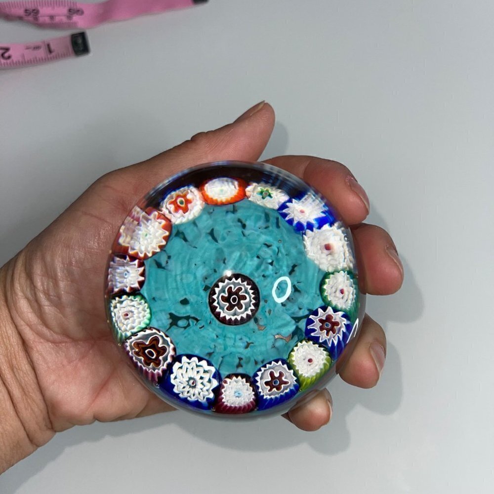 Vintage Millefiori Art Glass Turquoise Multicolor Paperweight Collectible - Picture 14 of 15